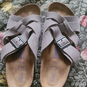 Birkenstock Gray Cross-Strap Sandals with Adjustable Buckles